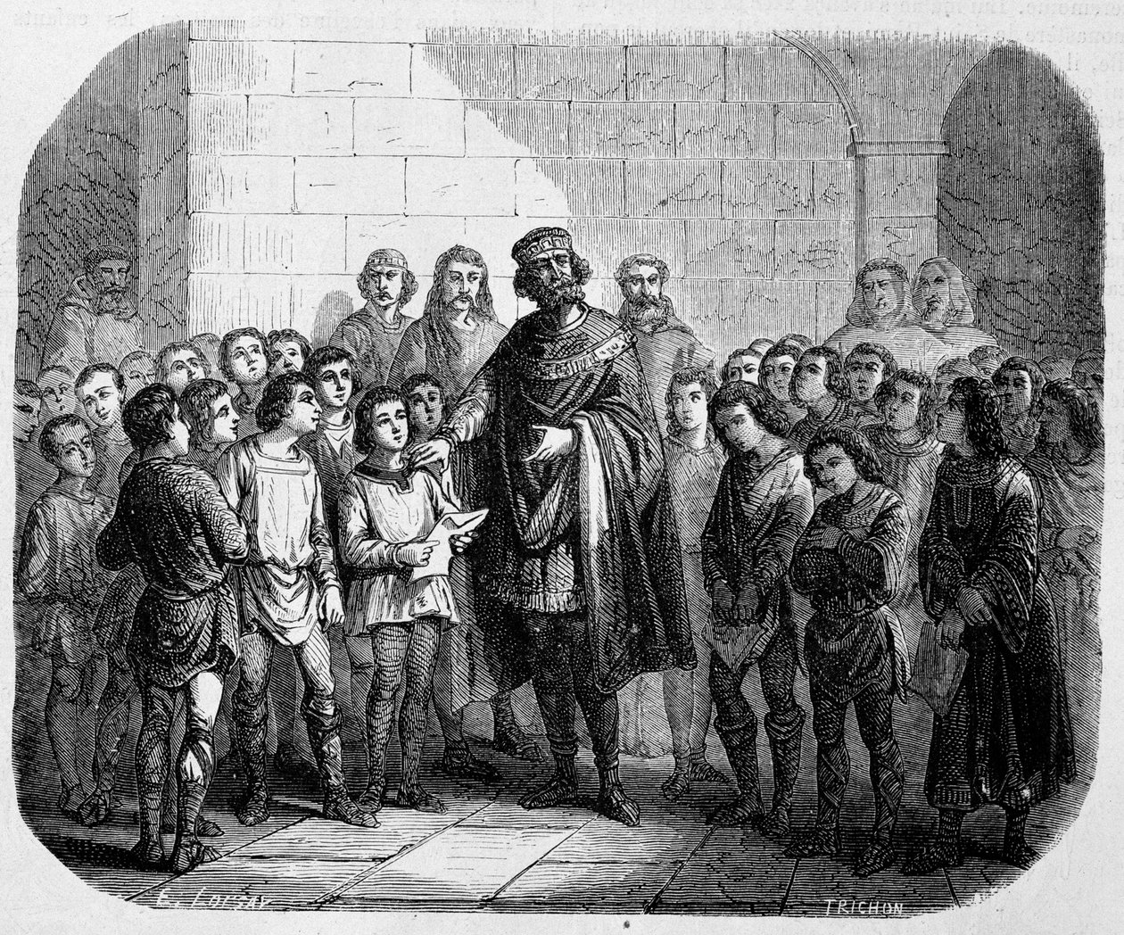 Karl den Store besöker en skola - i "" Historien om påvar, kungar, drottningar, kejsare, genom århundradena" av Maurice Lachatre av Unknown artist