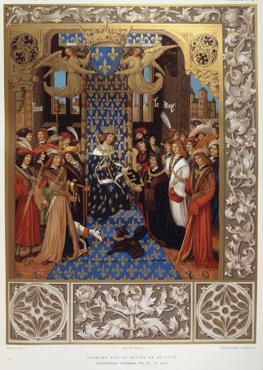 Karl VIII mitt på sin innergård – från en miniatyr av Unknown artist