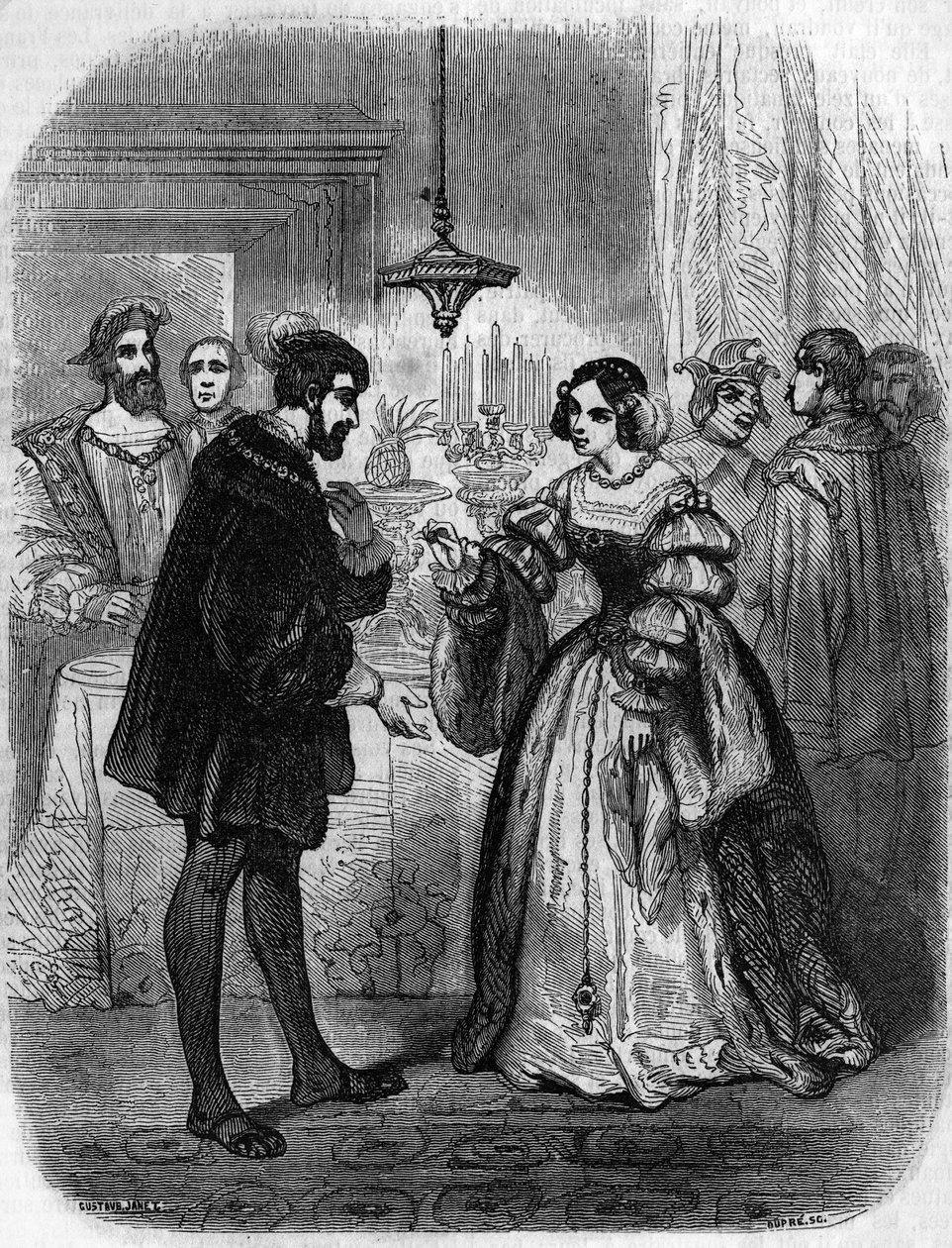 Karl V eller V (1500-1558) med Anne de Pisseleu (1508/1580) hertiginna av Etampes, älskarinna till Francois I med smeknamnet La Belle Feronniere. Gravyr av 1800-talet. av Unknown artist