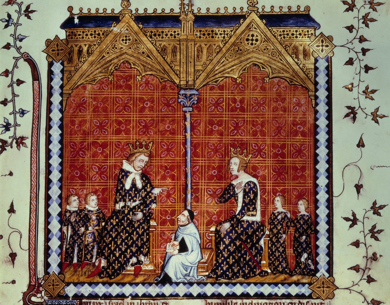 Karl V den vise och Jeanne de Bourbon, omgivna av sina barn. Miniatyr från manuskriptet "" Rational des divins offices""" Folio 1, beskriven av Guillaume Durand och översatt av Jean Golein av Unknown artist