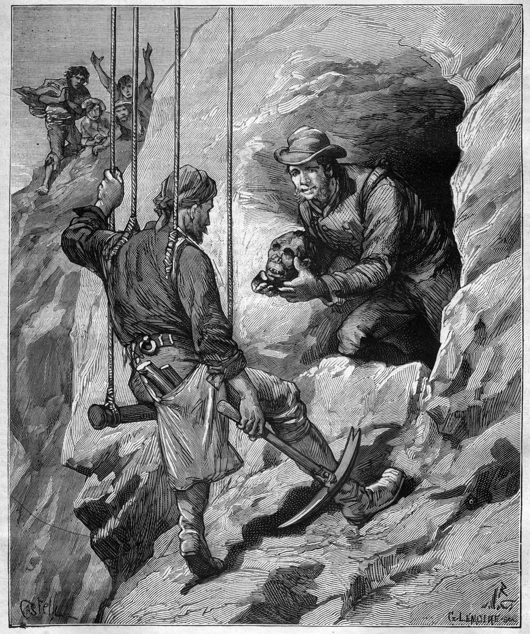 Charles Wiener (1851-1913) fransk upptäcktsresande och diplomat som utforskar en gravgrotta i Peru - gravering i "" journal des voyages""" 1887 av Unknown artist