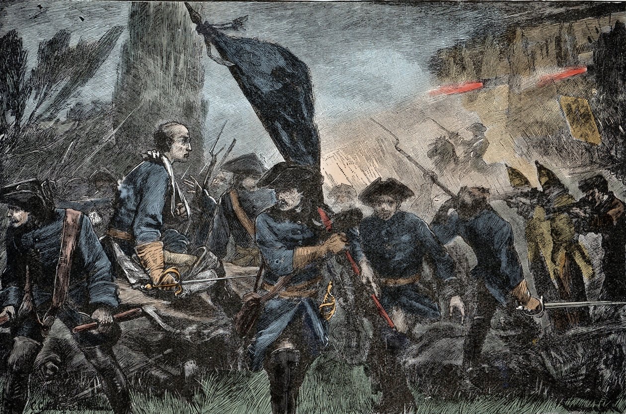 Karl XII av Sverige i strid - Stora Nordkriget (1700-1721): Kung Karl XII (Carl) av Sverige (1682-1728) i slaget vid Poltava (Pultawa, Ukraina), 1709 mot Peter I av Rysslands vapen , kallad den store (1672-1725) av Unknown artist