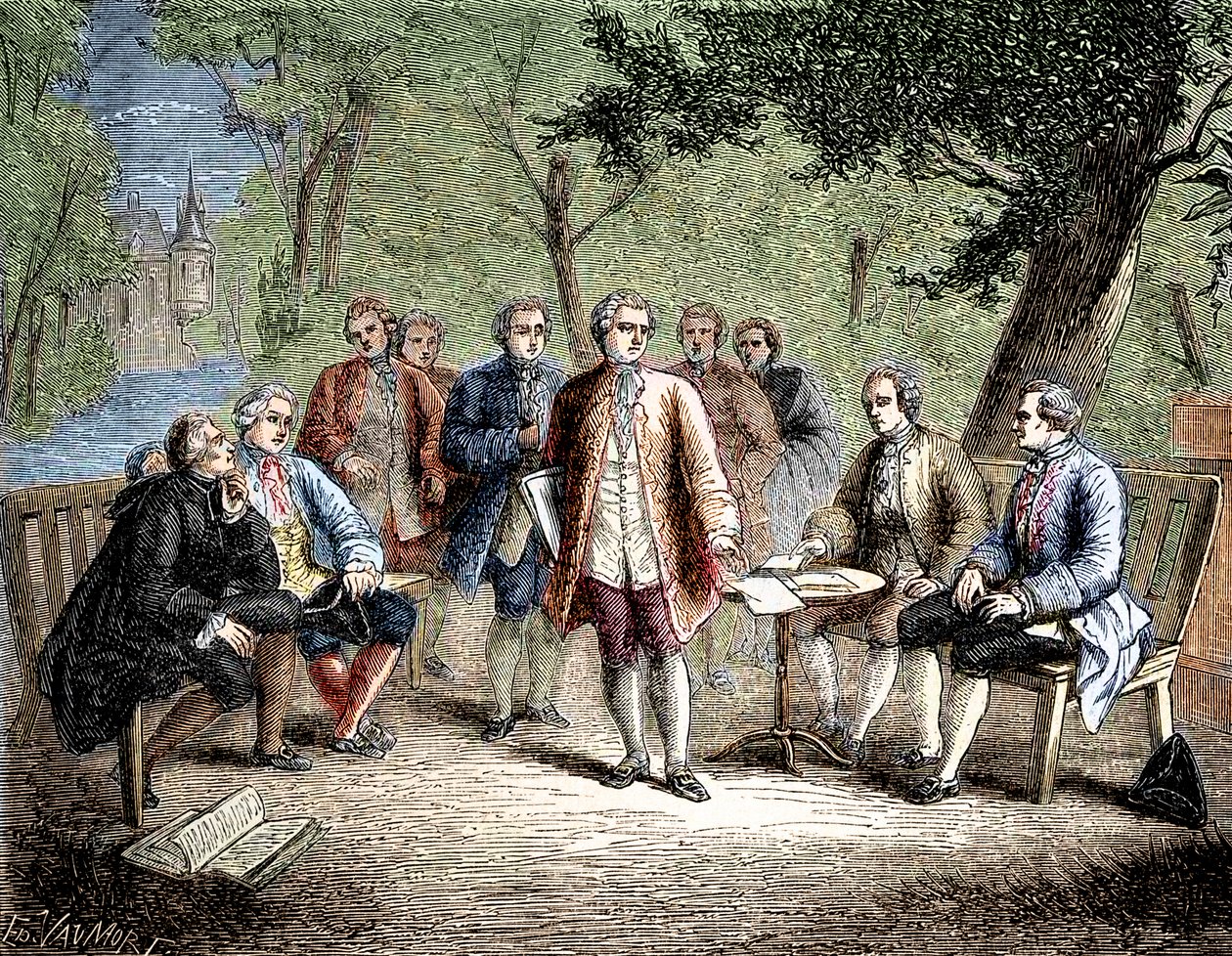 Charles de Secondat Montesquieu med det vetenskapliga cenaklet på Castle Clairac, Frankrike - Det vetenskapliga cenaclet på chateau de Clairac: Montesquieu och baronen de Secondat, hans, riddaren av Vivens, Romas och Dutilh-bröderna - i "Album de la Scienc av Unknown artist