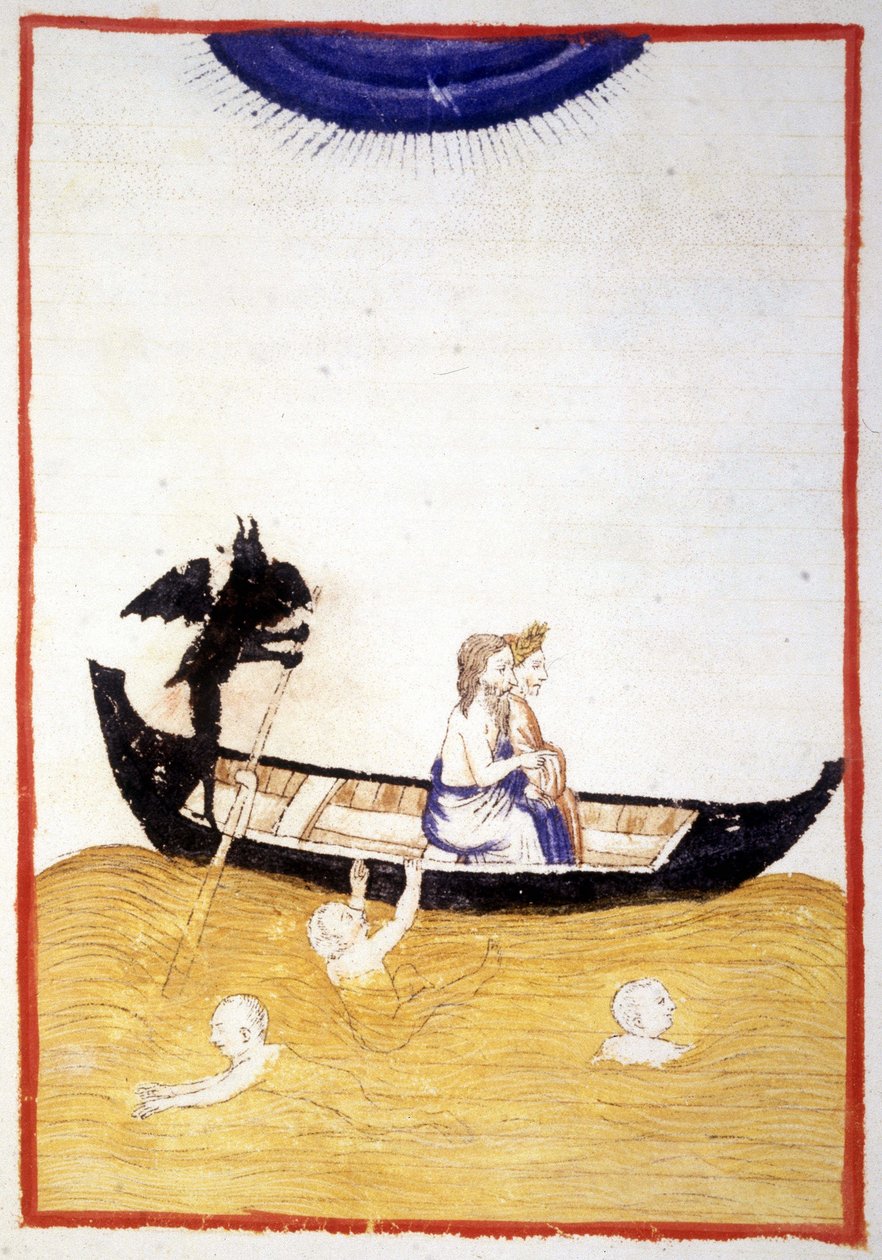 Charon (Caron) får Dante och Vergilius Acheron att korsa underjordens flod - i "Den gudomliga komedin"" av Dante Alighieri, miniatyr av ett 1300-talsmanuskript, Bibl. Municipal de Rimini. av Unknown artist