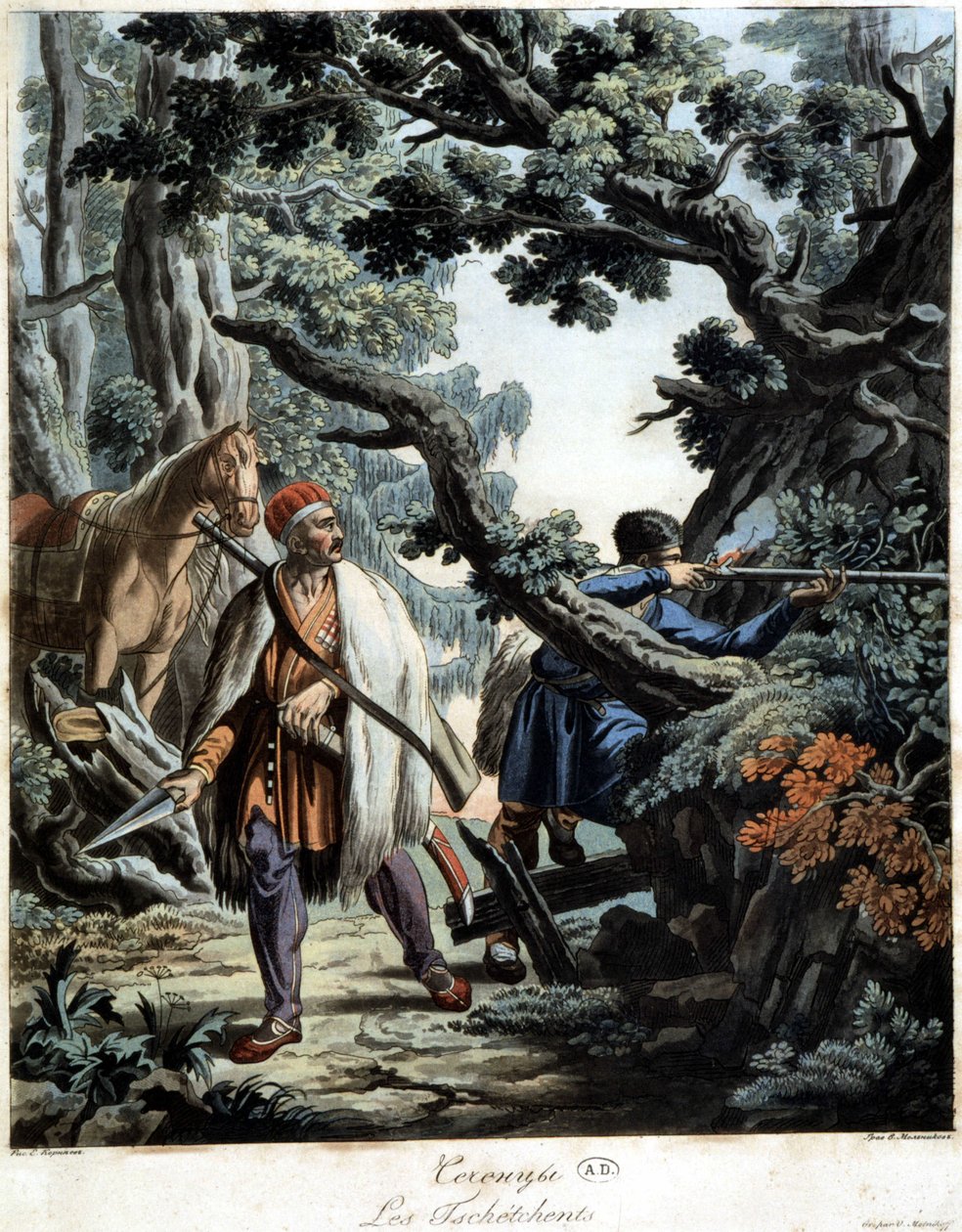 Tjetjener i bakhåll i en Kaukasus-skog, deb. 1800-talet av Unknown artist