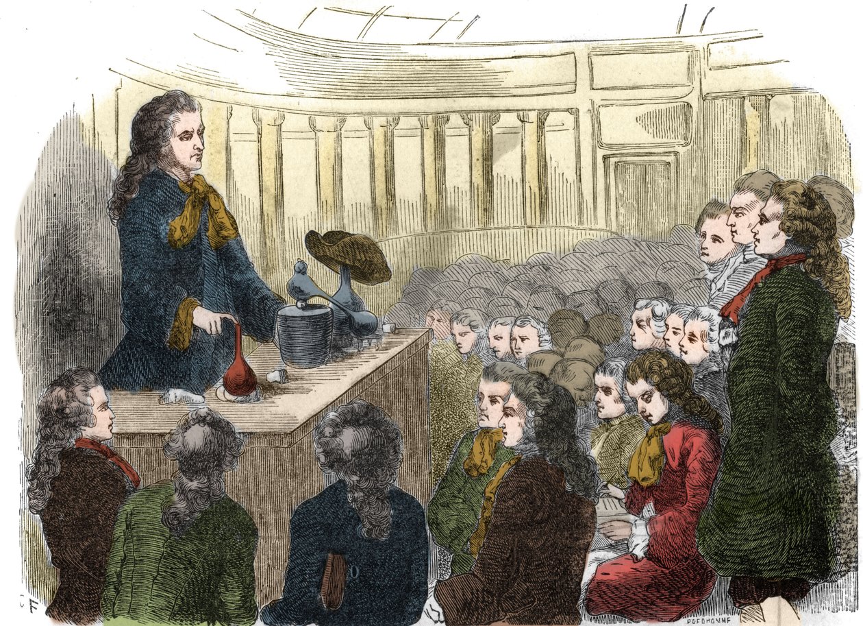 Kemikurs av Guillaume-Francois (Guillaume Francois) Rouelle (1703-1770), fransk kemist, vid Vetenskapsakademien 1744. Gravyr från 1861. av Unknown artist