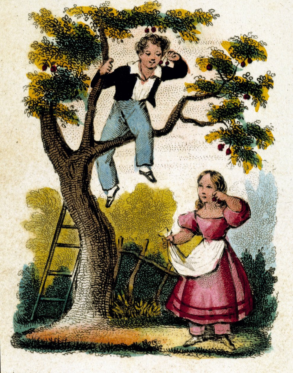 Körsbärsplockning - chromo., sent 1800-tal av Unknown artist