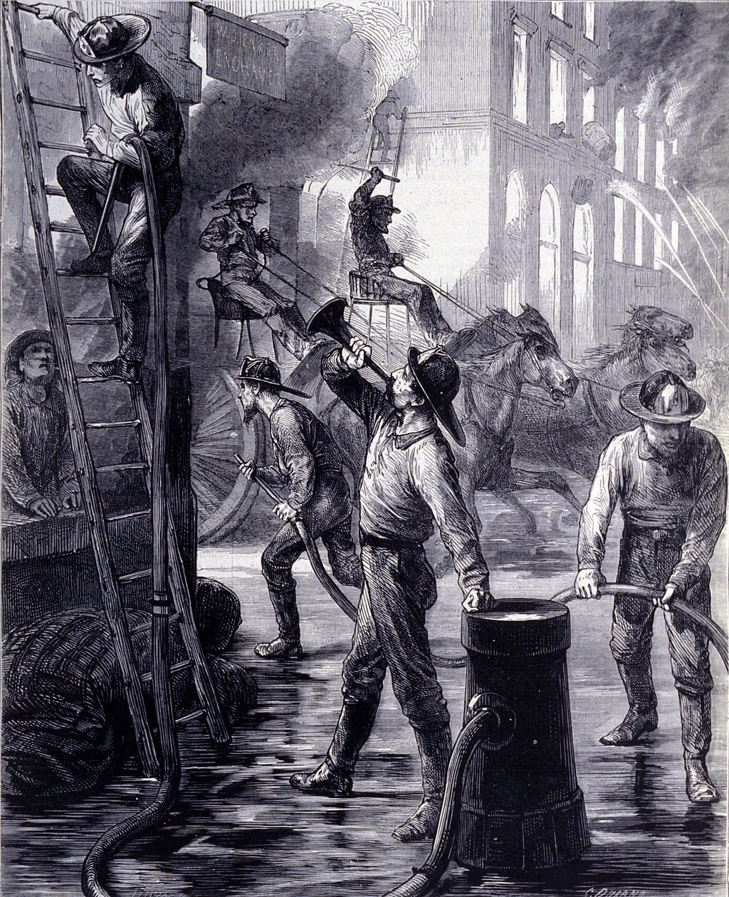 Chicago Fire Brigade Breaking a Fire, USA. 1800-talet av Unknown artist