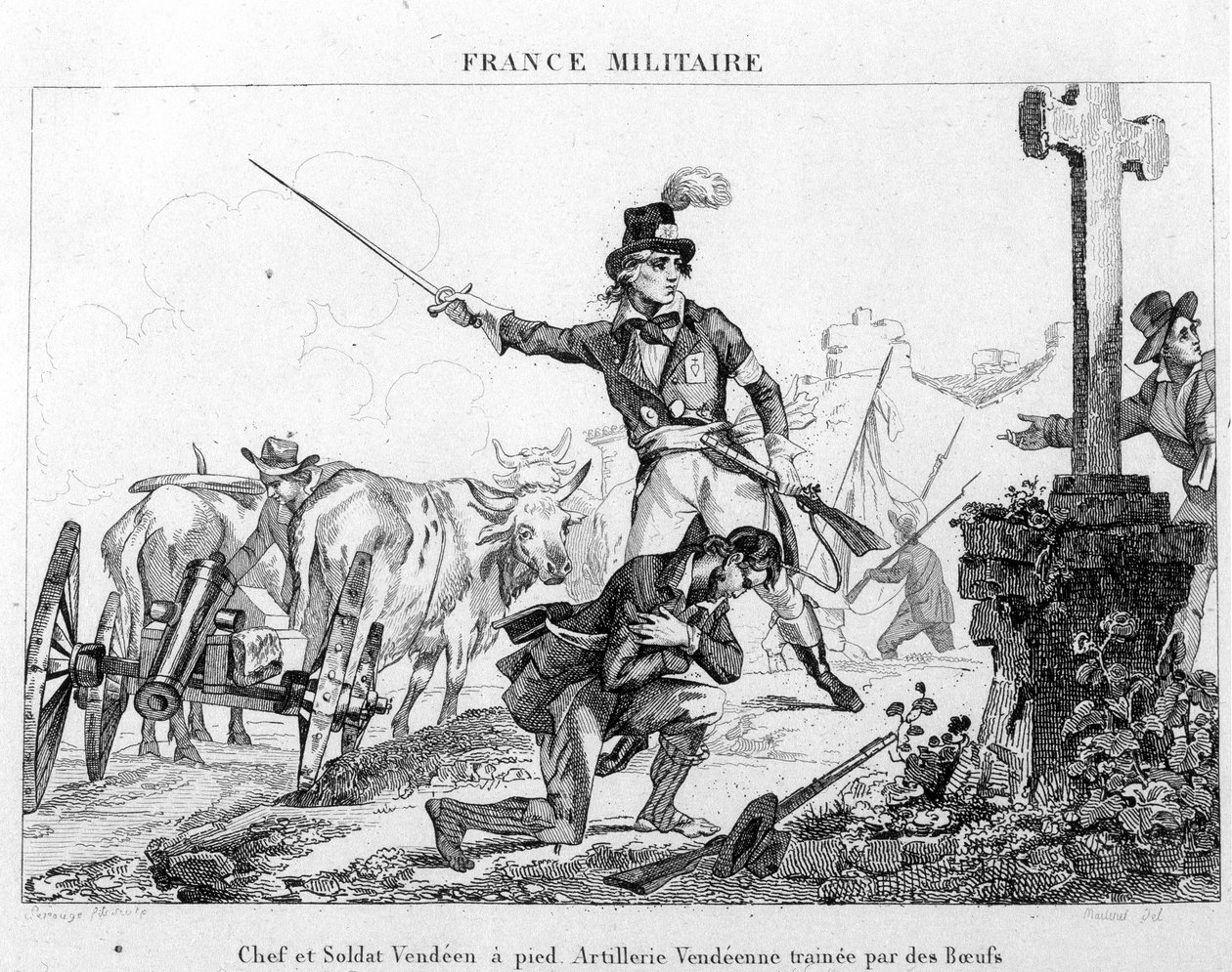 Chef och soldat till fots. Vendesartilleri släpat av oxar. Gravyr av 1800-talet. av Unknown artist