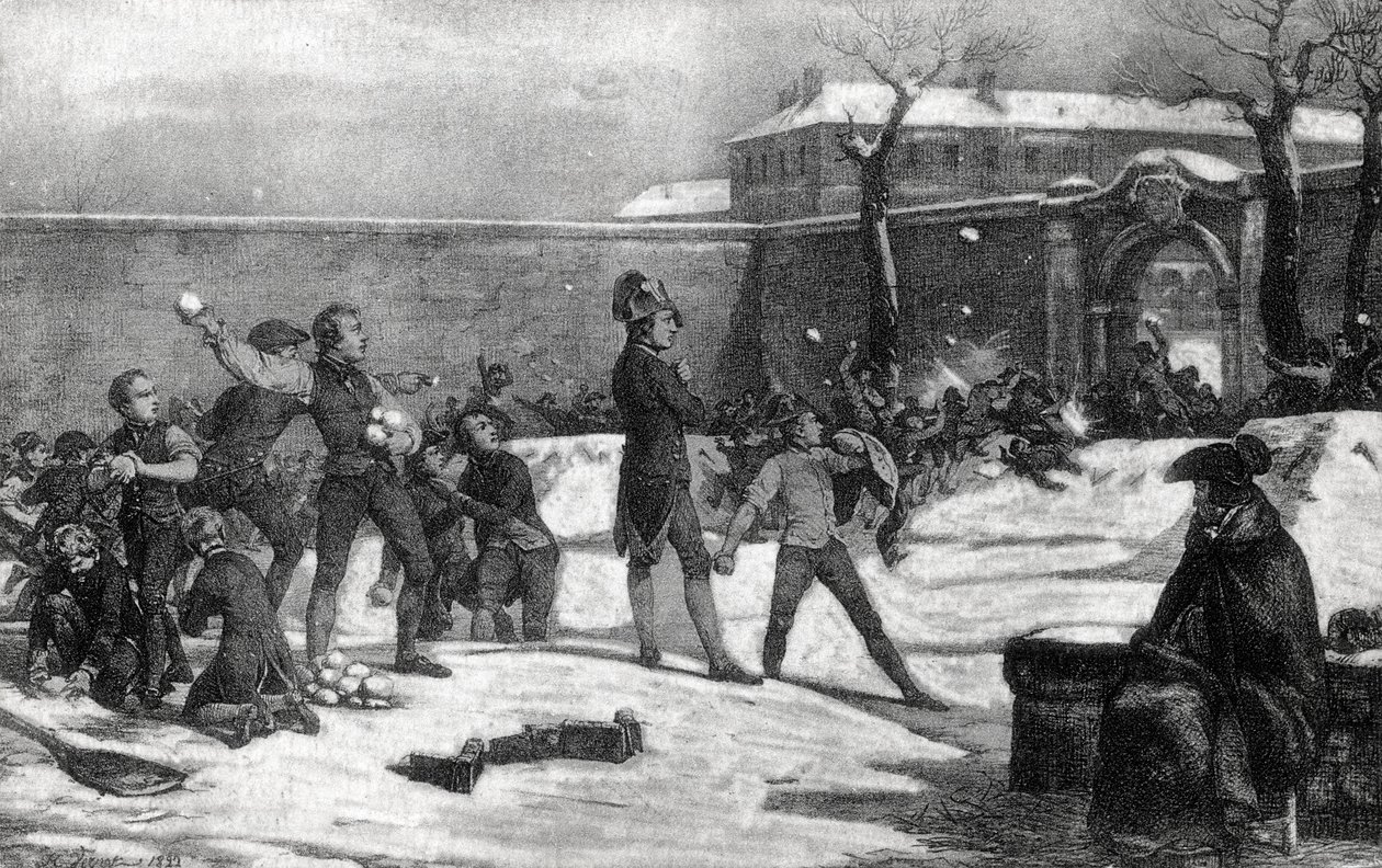Barndom av Napoleon I Bonaparte (1769 - 1821) vid militärskolan i Brienne le Chateau (Dawn) 1782: Napoleon mitt i en snöbollsstrid mellan barn. av Unknown artist