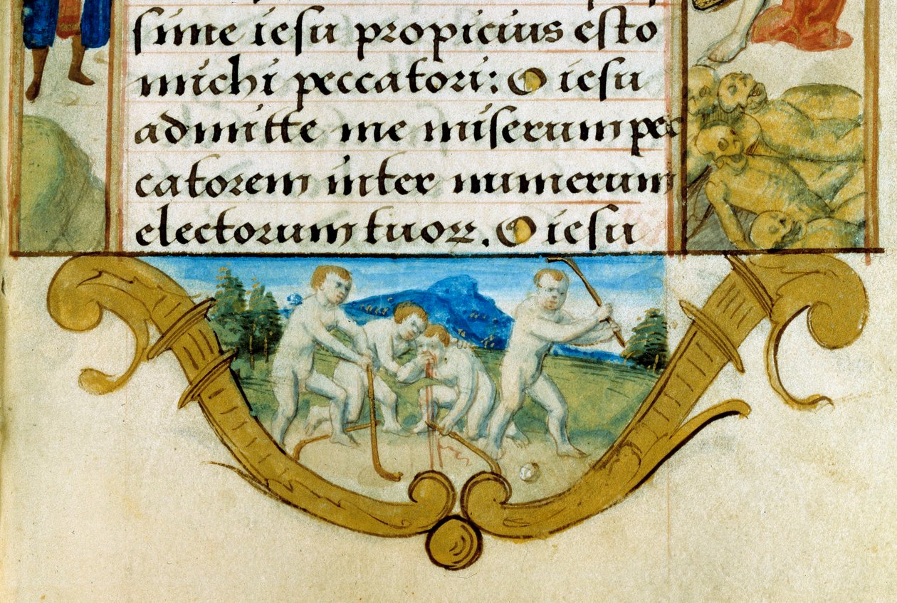 Barn som spelar bollspel, hockey förfader. Detalj av en miniatyr från Time Book av familjen Anjou av Unknown artist