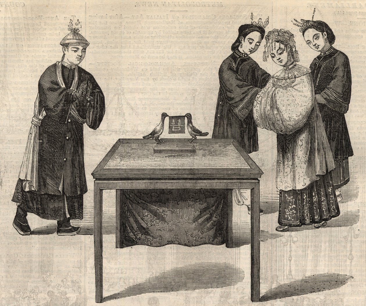 Kinesisk sed: underteckna ett äktenskapskontrakt. En tablett med de två makarnas namn läggs på ett bord med två duvor. Gravyr i ""The Illustrated London News"" av 14 februari 1857. av Unknown artist