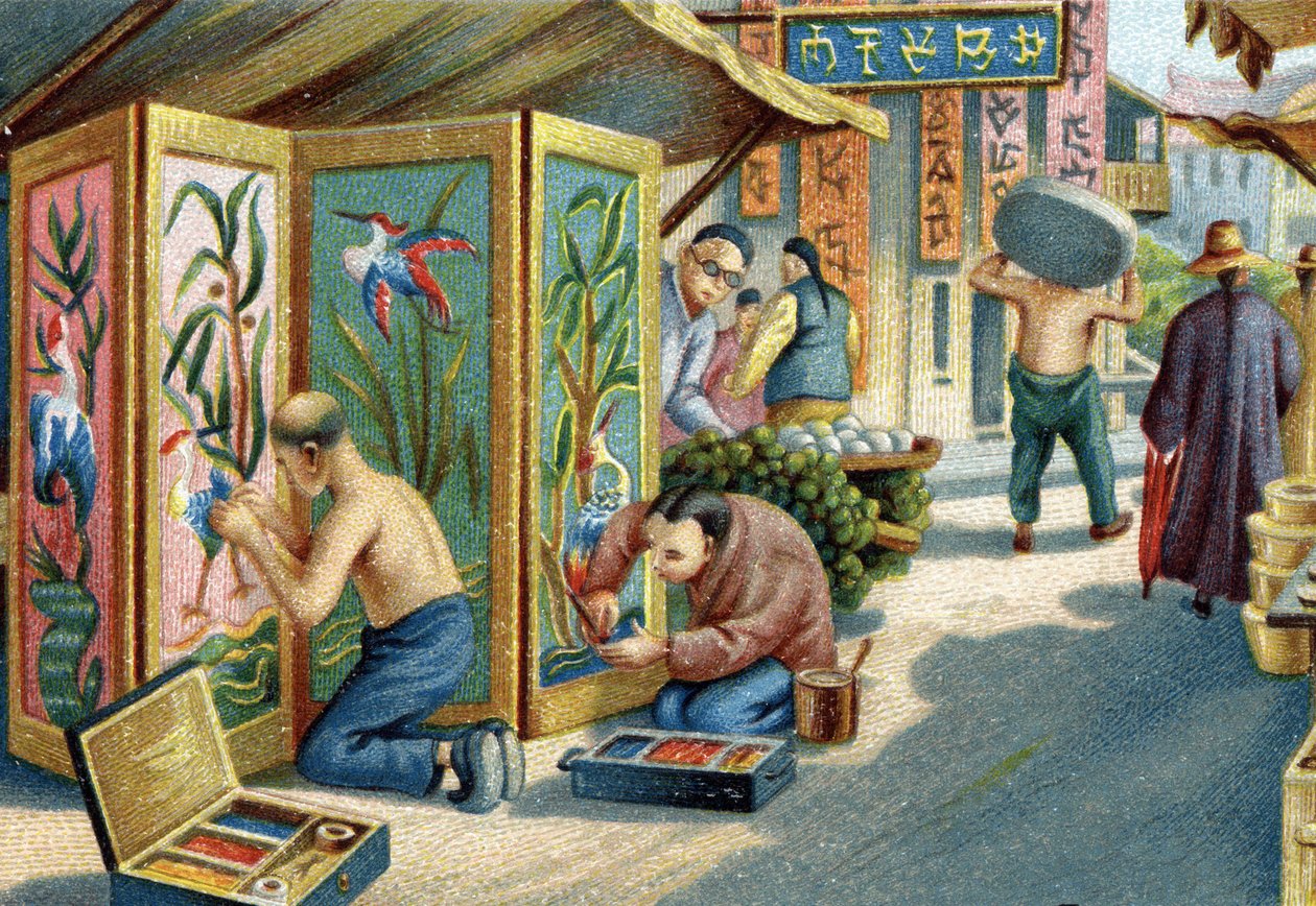 Kinesiska plumassiers som arbetar på gatan: de gör paneler eller skärmar med hjälp av en nål och fjädrar. Kromolitografi av 1800-talet av Unknown artist