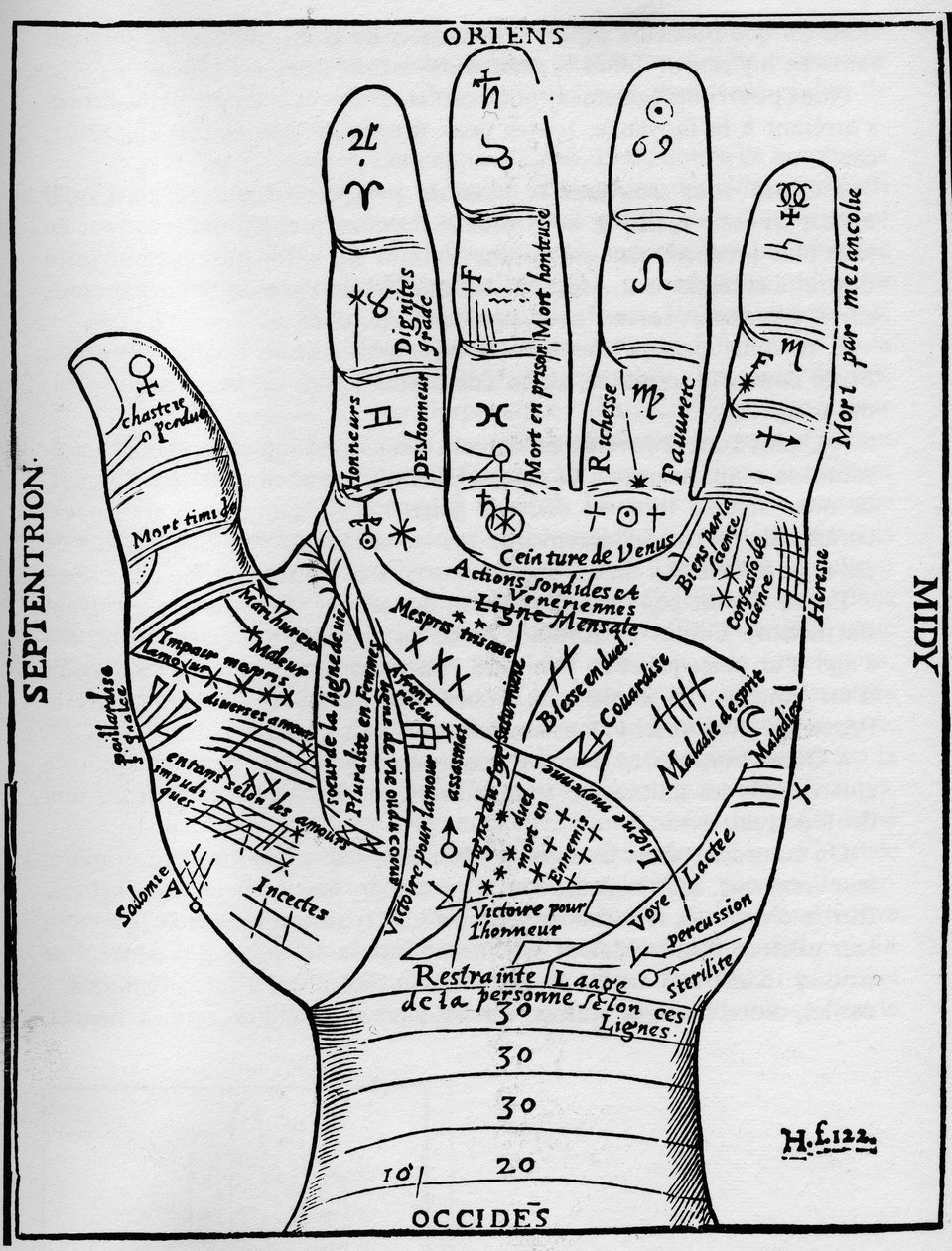 Chiromancy - PALMISTY CHART - Planet- och zodiakaldiagram av vänster hand - Träsnitt från Jean Belots "" Various Oeuvres"" Lyon, Frankrike av Unknown artist
