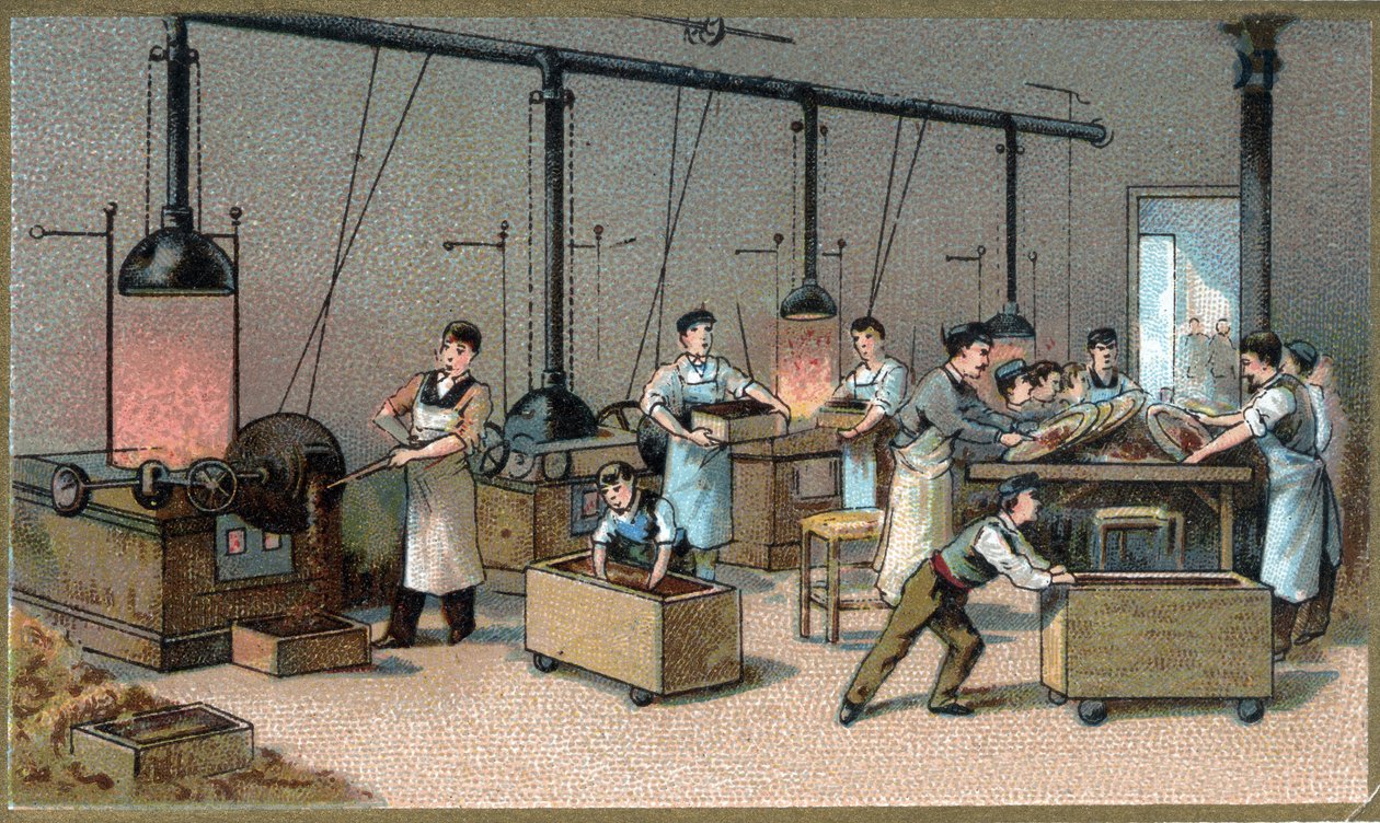 Chokladtillverkning. Kakao Torrefaction Room. Kromolitografi från slutet av 1800-talet av Unknown artist