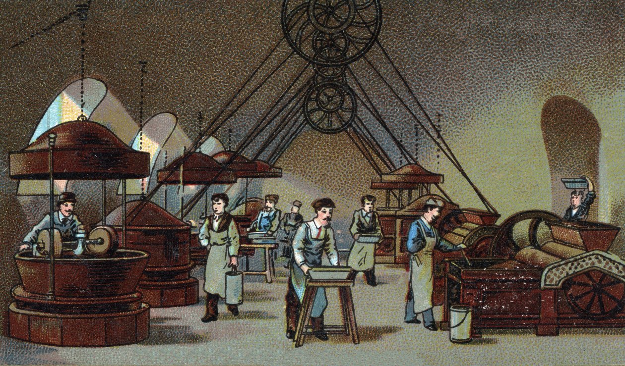 Chokladtillverkning: malningsverkstad. Kromolitografi från slutet av 1800-talet av Unknown artist