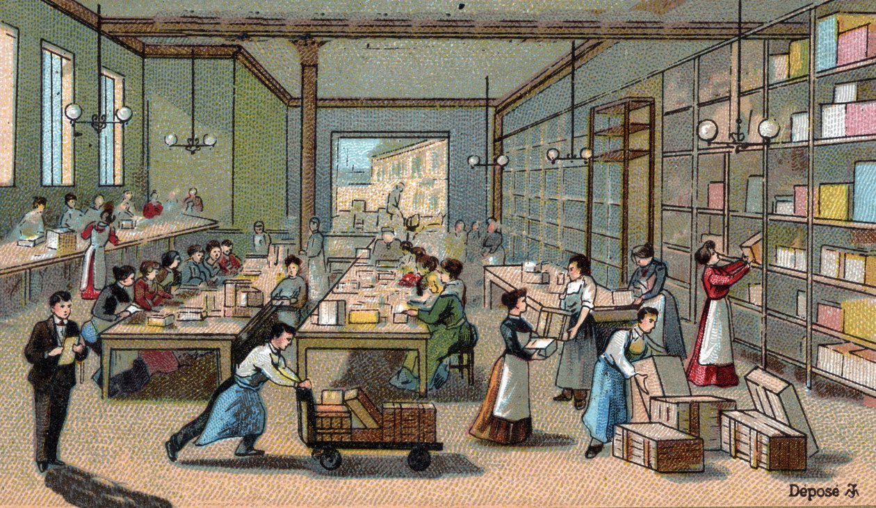 Chokladtillverkning: förpackning, frakt. Kromolitografi från slutet av 1800-talet av Unknown artist