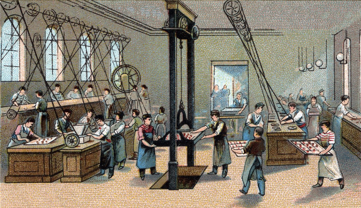 Chokladtillverkning: gjutning. Kromolitografi från slutet av 1800-talet av Unknown artist
