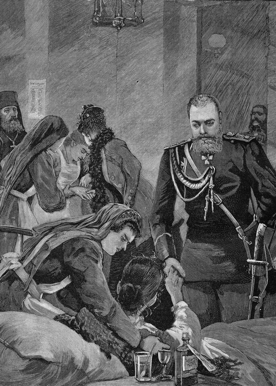Kolera i Ryssland 1892: Alexander III, Rysslands kejsare och hans fru Maria Feodorovna, Rysslands kejsare besöker ett sjukhus. Gravyr från 1892. av Unknown artist