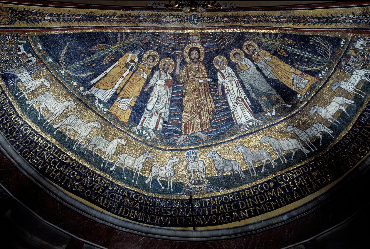 Kristus bland St Paul, St Cecilia, St Pascal, St Peter, St Valeriano och St Agata (mosaik, 821) av Unknown artist