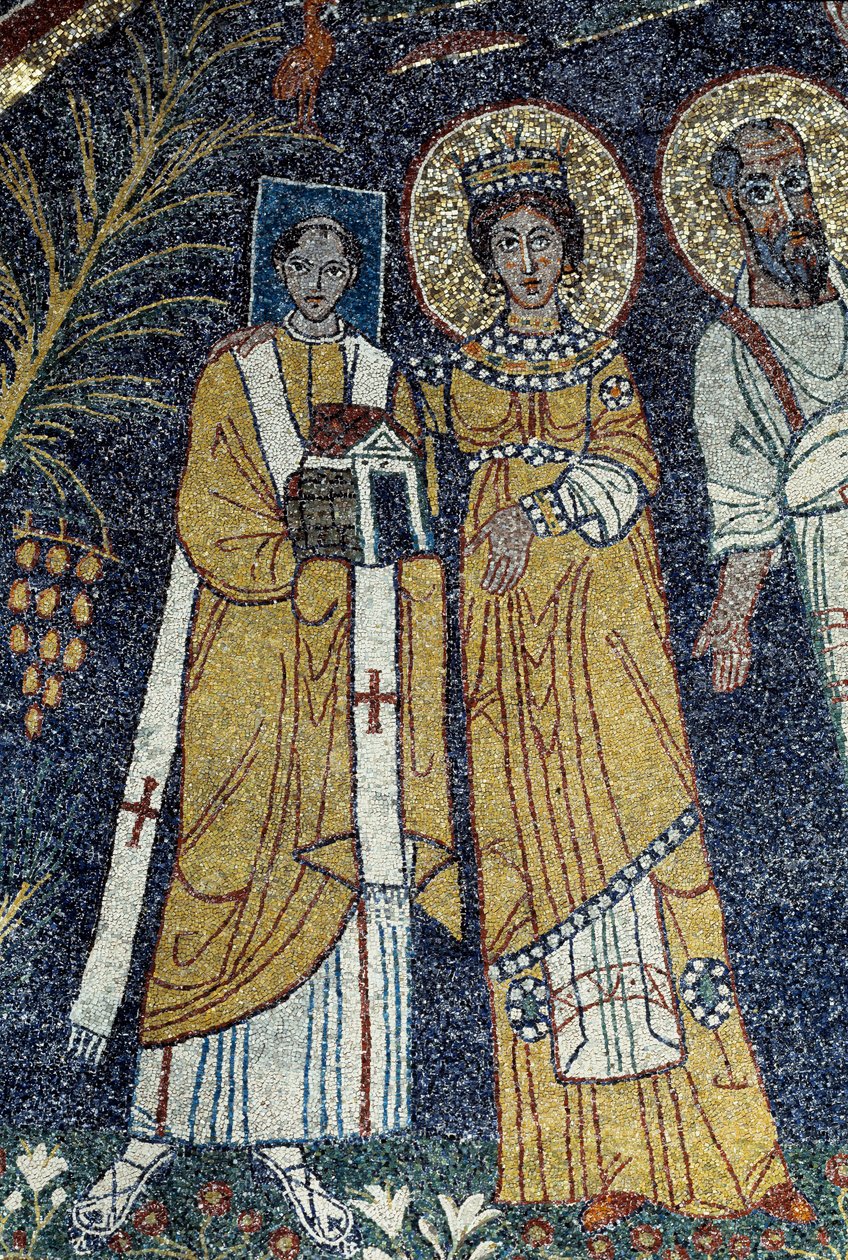 Kristus bland St Paul, St Cecilia, St Pascal, St Peter, St Valeriano och St Agata (Mosaic, 821) av Unknown artist