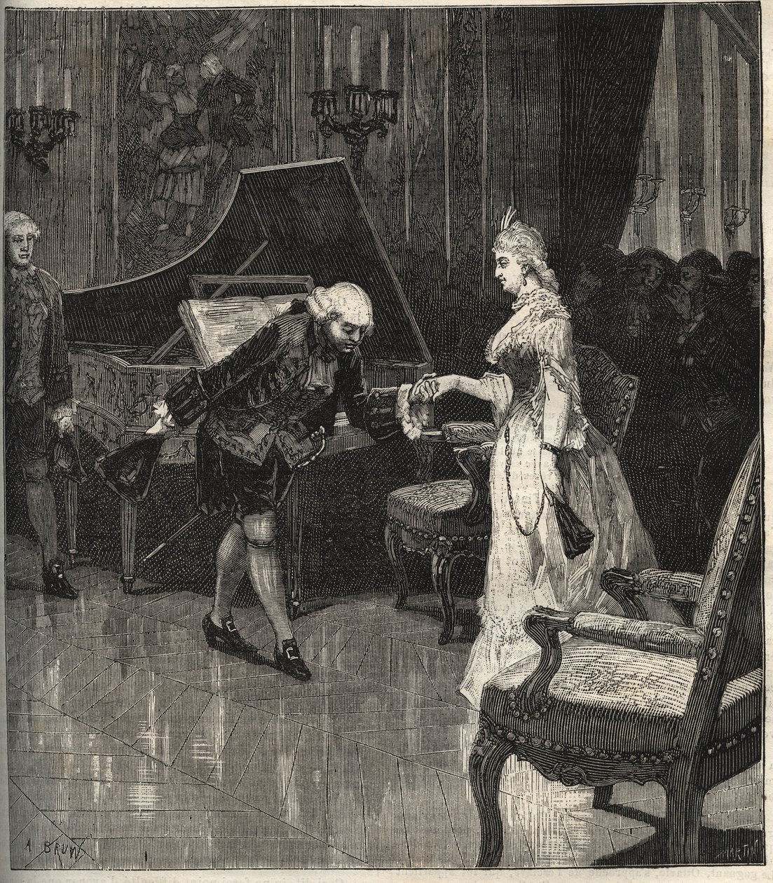 Christoph Willibald Gluck före drottningen Marie-Antoinette i Trianon - Christoph Willibald Gluck (1714-1787), tysk kompositör som spelar framför drottning Marie Antoinette en Trianon - gravyr i "" Popular Music""" illustrerad veckotidning - 1882 av Unknown artist
