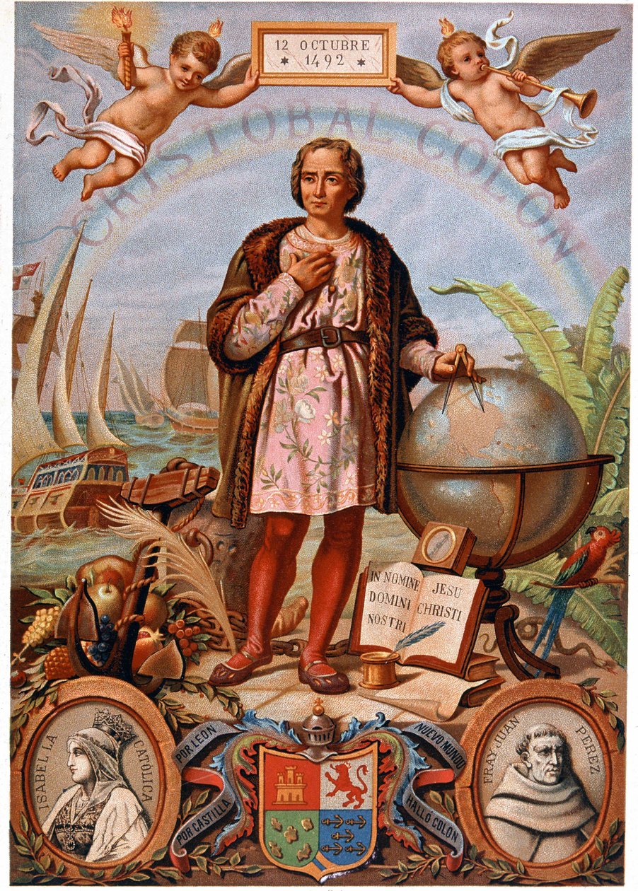 Christopher Columbus. Till vänster, porträtt av Isabella den katolska, drottning av Kastilien (1451-1504). Spansk kromolitografi från 1800-talet av Unknown artist