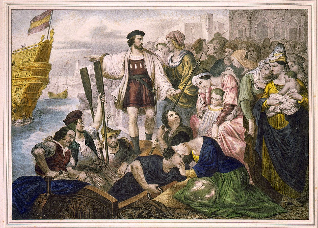 Christopher Columbus och bröderna Pinzon lämnar hamnen i Palos i Spanien den 03/08/1492 för den nya världen. Gravyr sd. 1800-talets andra hälft. av Unknown artist