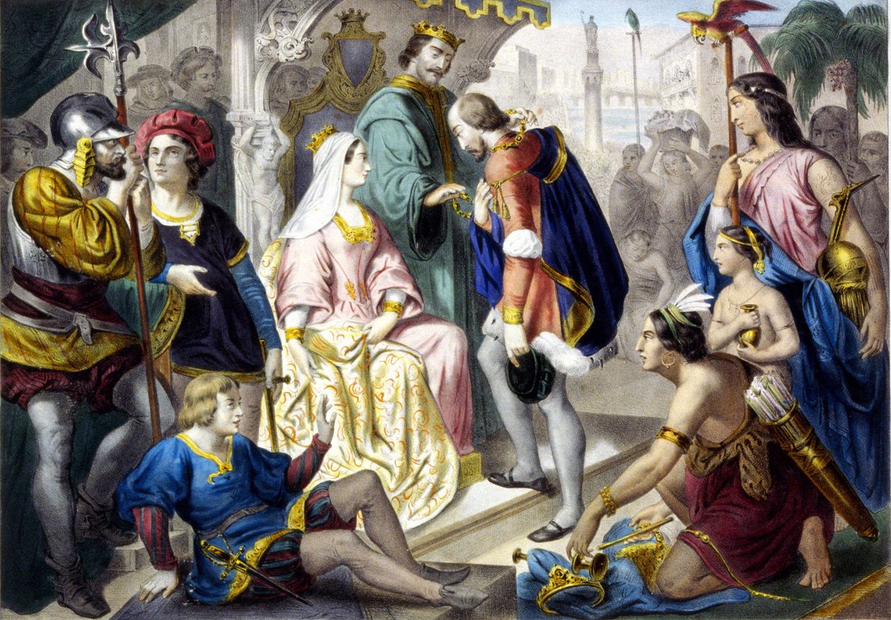 Christopher Columbus inför den katolske kungen Ferdinand II av Aragon och drottning Isabella 1:a av Kastilien, vid hans återkomst från Amerika av Unknown artist