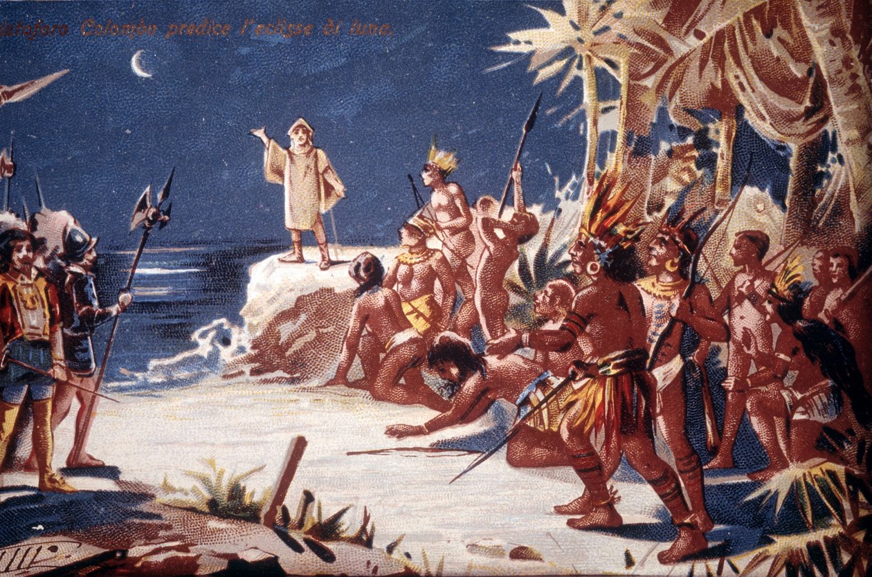 Christopher Columbus förutspår månförmörkelsen för indianerna. 1800-talets kromolitografi. av Unknown artist
