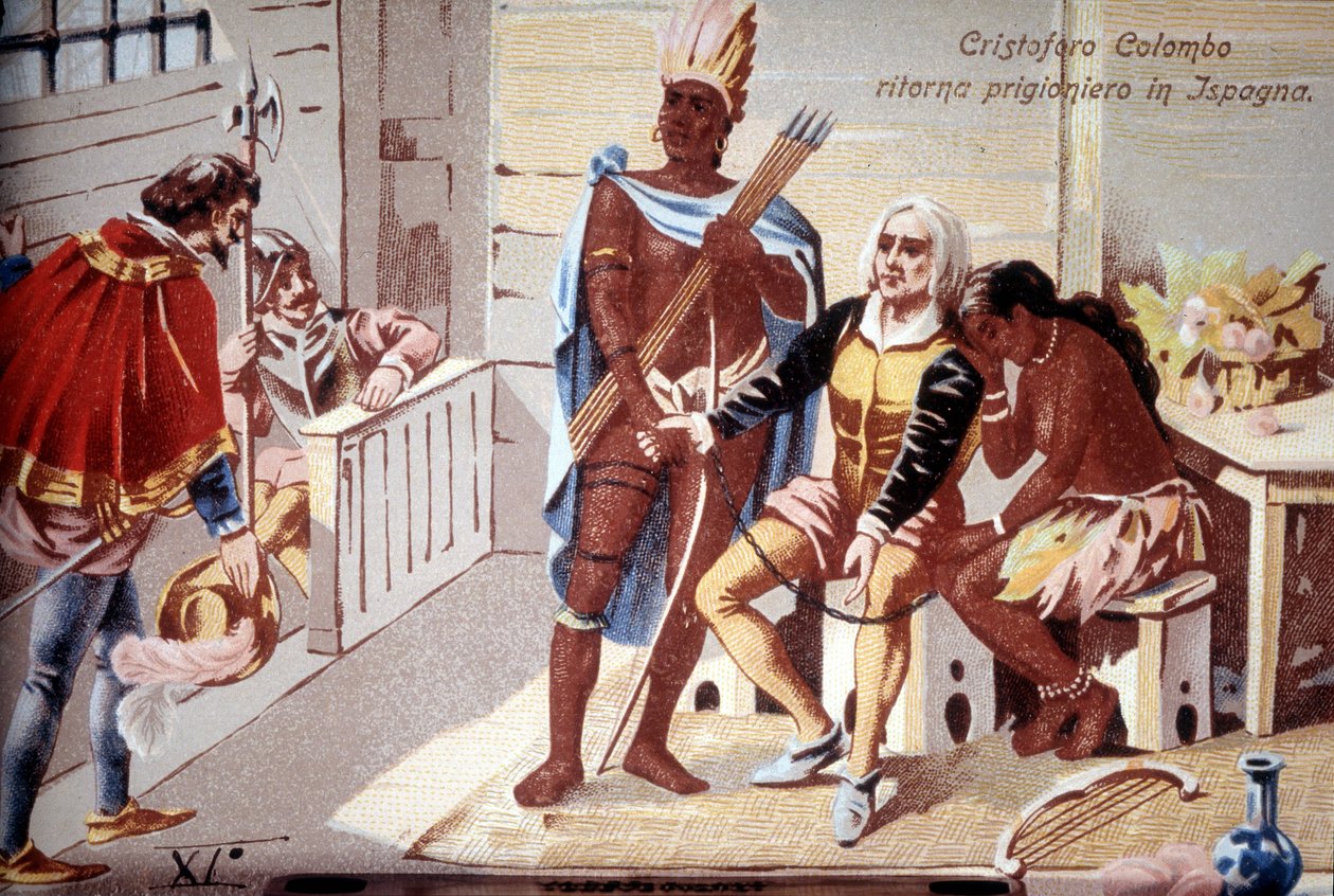 Christopher Columbus återvänder fången till Spanien. 1800-talets kromolitografi. av Unknown artist