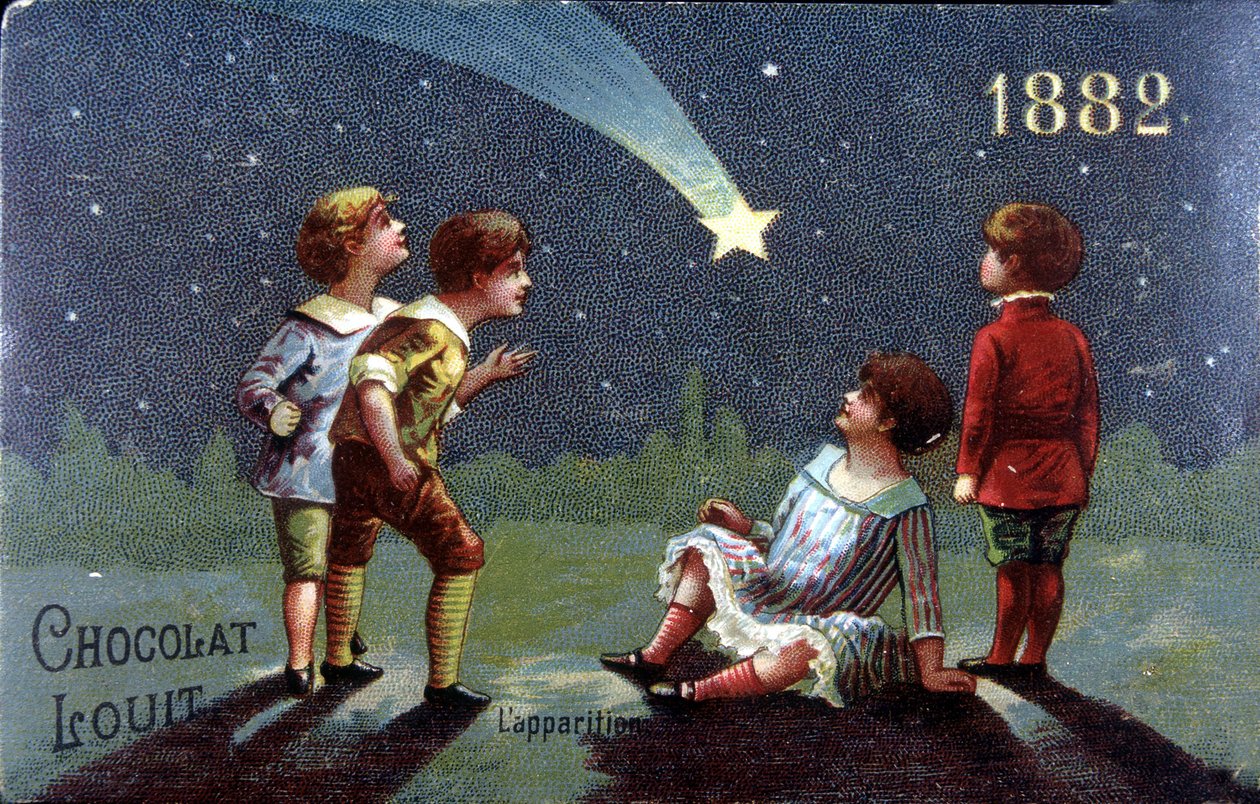Kromolitografi Chocolat Louit från 1882. Barn önskar sig när stjärnan dyker upp. av Unknown artist