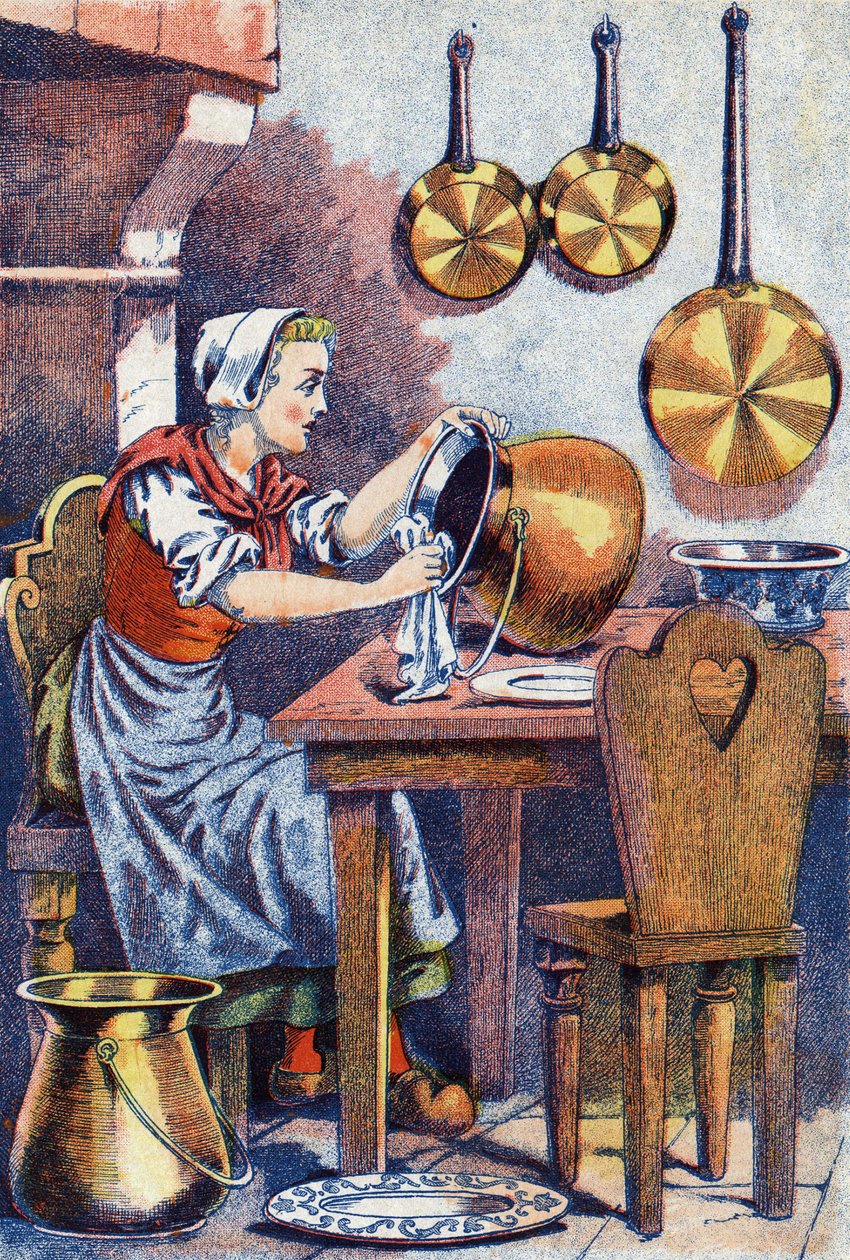 Askungen i sitt kök, "", Illustration för "" Askungen", berättelse av Charles Perrault (1628-1703), fransk författare. Anonym Illustration. av Unknown artist