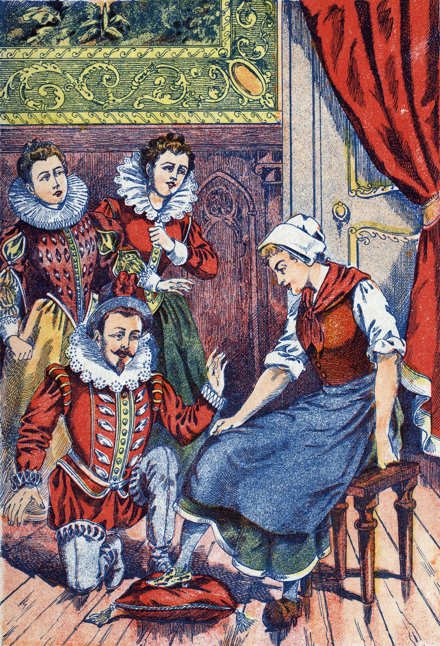 Askungen provar toffeln. Anonym illustration för "" Askungen", berättelse av Charles Perrault (1628-1703), fransk författare. Bildmaterial Marcel Vagne, Jarville Nancy, odaterat (slutet av 1800-talet). av Unknown artist