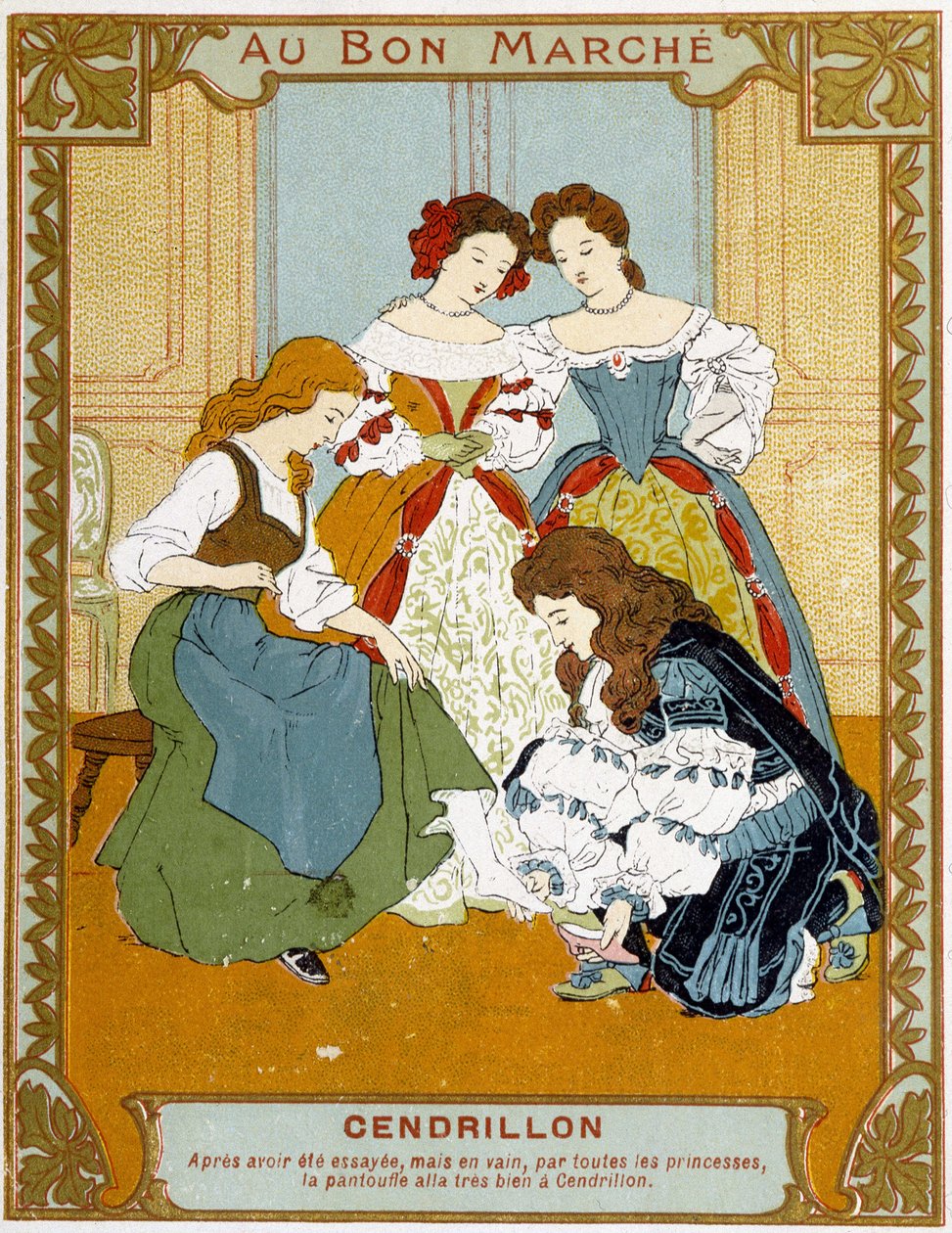 Askungen provar toffeln av vair - Bon Marché reklametikett av Unknown artist