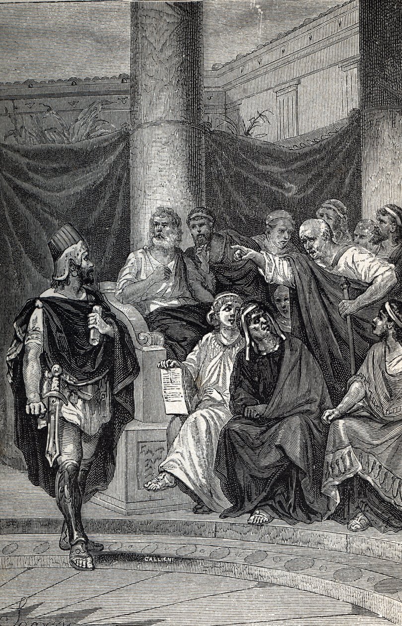 Cineas viktig rådgivare till kung Pyrrhus som försöker förhandla med romarna efter slaget vid Heraclea 280 f.Kr., gravyr 1884 av Unknown artist