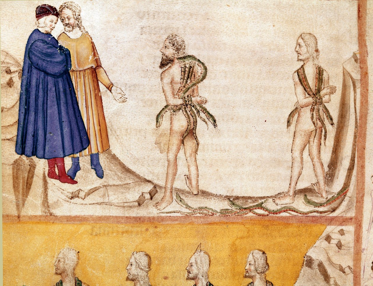Circle of Thieves: Vanni Fucci (1200-talet) förutspådde för Dante och Virgil de vita gulfarnas nederlag. Upplyst sida som illustrerar den 24:e helvetets sång hämtar från "Divina Commedia" av Dante Alighieri (1265-1321). 1300-talet, Venedig, Bibliotec av Unknown artist