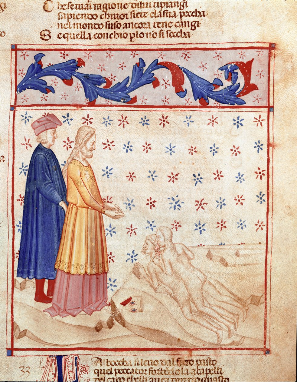 Circle of Traitors: Dante och Virgil möter Ugolino della gherardesca, tyrann i Pisa och fördömer för förräderi mot hemlandet, han slår chefen för Archeveque Ruggeri. Upplyst sida som illustrerar helvetets 33:e sång hämtar från "Divina Commedia" av Unknown artist
