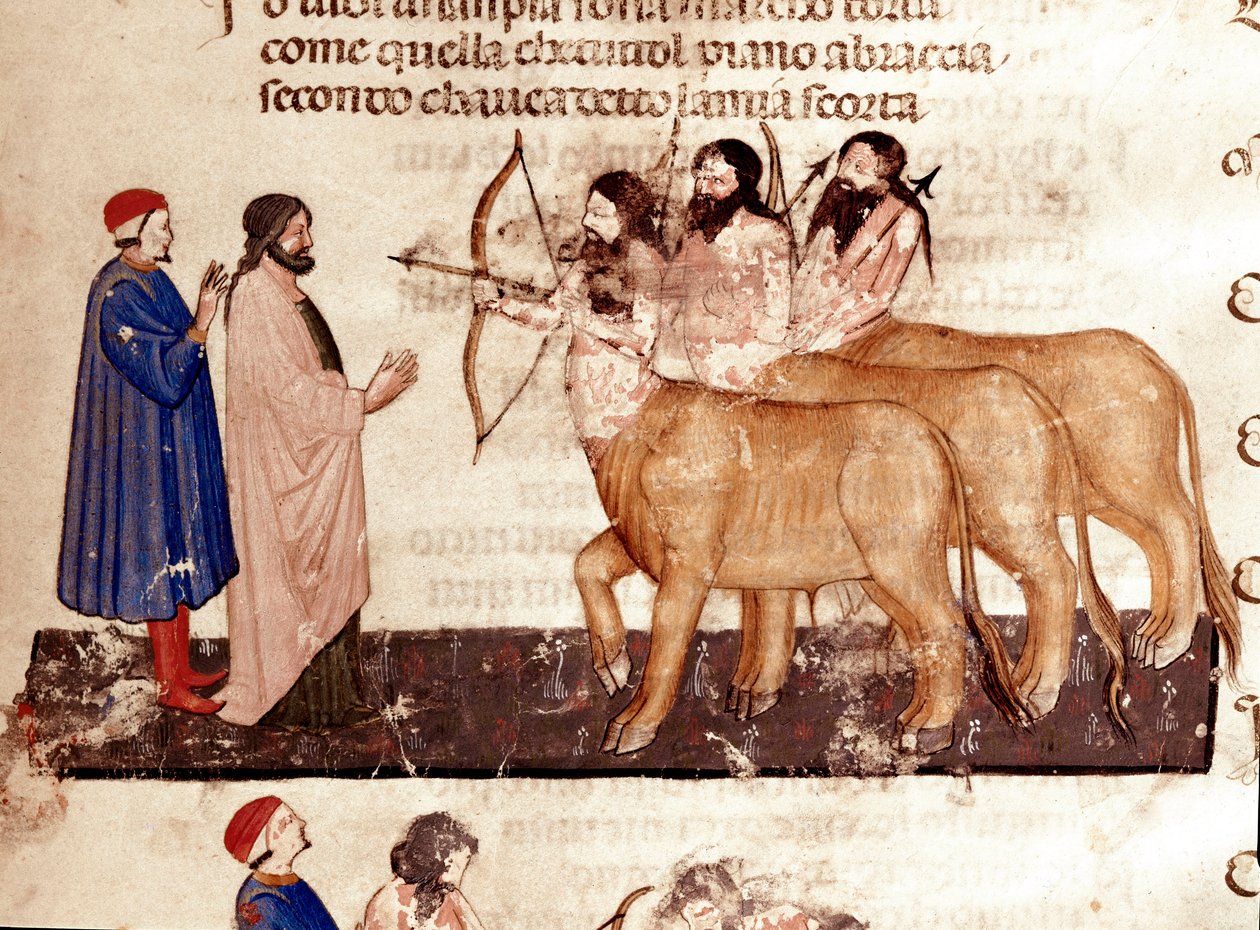 Circle of Violents: Dante och Vergilius möter kentaurernas vapen med båge och pilar. Upplyst sida som illustrerar den sjunde sången från helvetet från "Divina Commedia" av Dante Alighieri (1265-1321). 1300-talet, Venedig, Biblioteca Marciana av Unknown artist