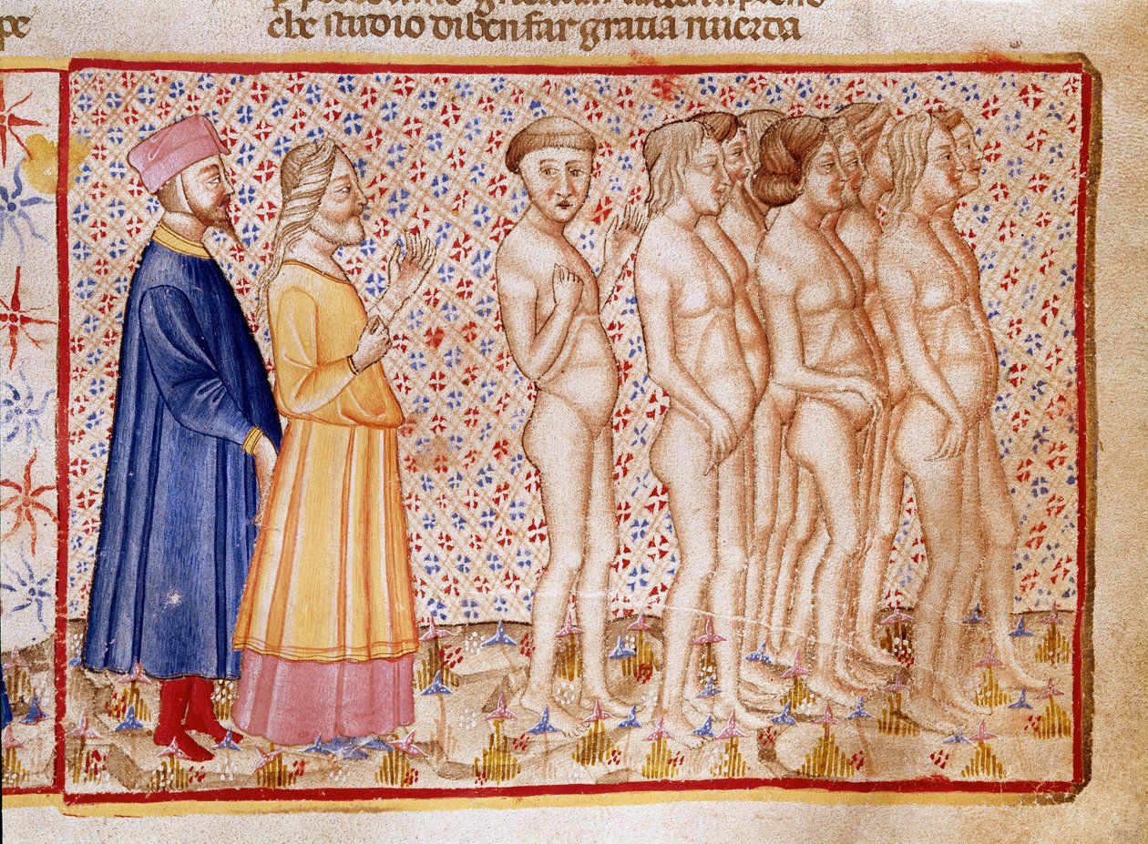 Cirkel av våld mot Gud, natur och konst: Dante och Vergilius möter hädare. Upplyst sida som illustrerar en helveteslåt hämtar från "Divina Commedia" av Dante Alighieri (1265-1321). 1300-talet, Venedig, Biblioteca Marciana av Unknown artist