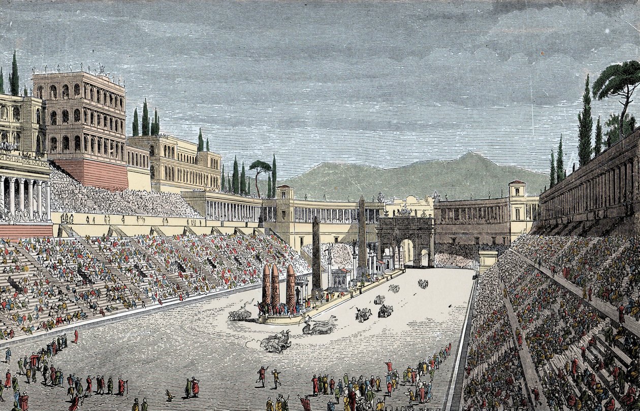 Circus Maximus - Den stora cirkusen eller cirkus Maxime, i Rom, med en strid för vagnar - Färggravyr av Unknown artist