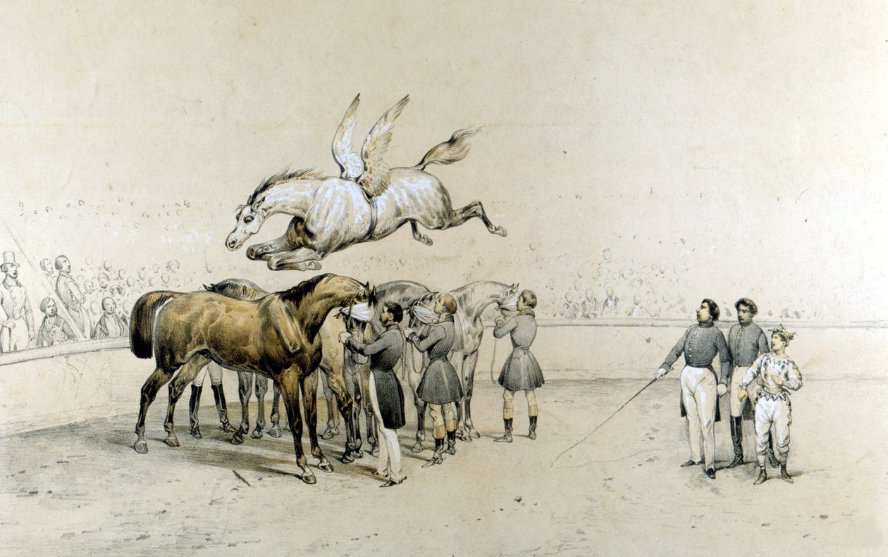 Cirkus visar en bevingad häst hoppar över tre förbundna hästar. av Unknown artist