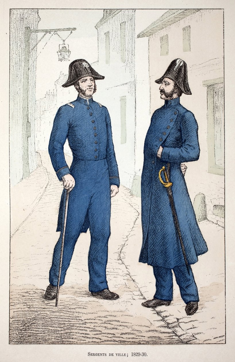 Stadssergeanter (1829-1830). Etsning i färger, för illustration "" History of the Corps of Peacekeepers""" bok publicerad under beskydd av Louis Lepine (1846-1933), prefekt för polisen på Seine, av Alfred Rey (1864-?) och Louis Feron (1862) -?) av Unknown artist