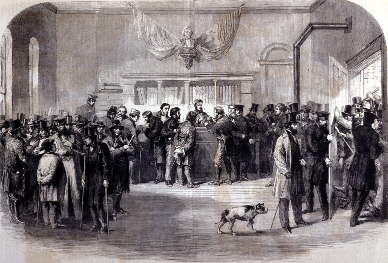 Inbördeskriget (1861 - 1865), amerikanskt inbördeskrig. Värnpliktsrevben framför dispenskontoren. New York. av Unknown artist