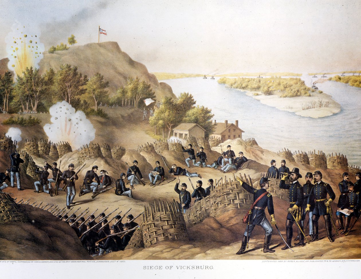 Inbördeskriget (1861 - 1865), amerikanska inbördeskriget. Belägring av Vicksburg (på gränsen mellan Arkansas och Mississippi), staden intogs av General Grant (och nordborna), staden föll efter fyrtio dagars belägring (19 maj till 4 juli av Unknown artist