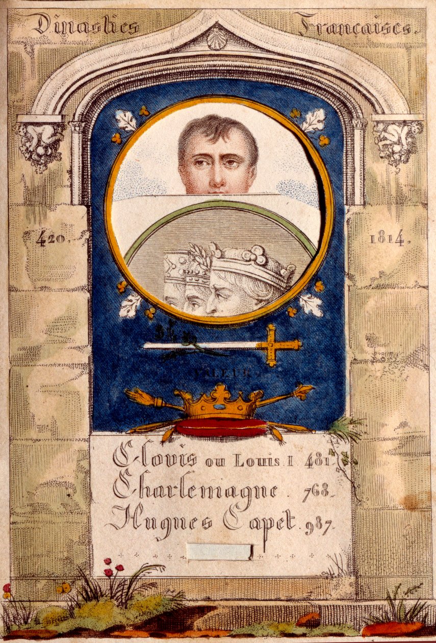 Hemlig propaganda mot kejsar Napoleon I (1769-1821), hans porträtt är avbildat ovanför det av Clovis, Karl den Store och Hugues Capet. av Unknown artist