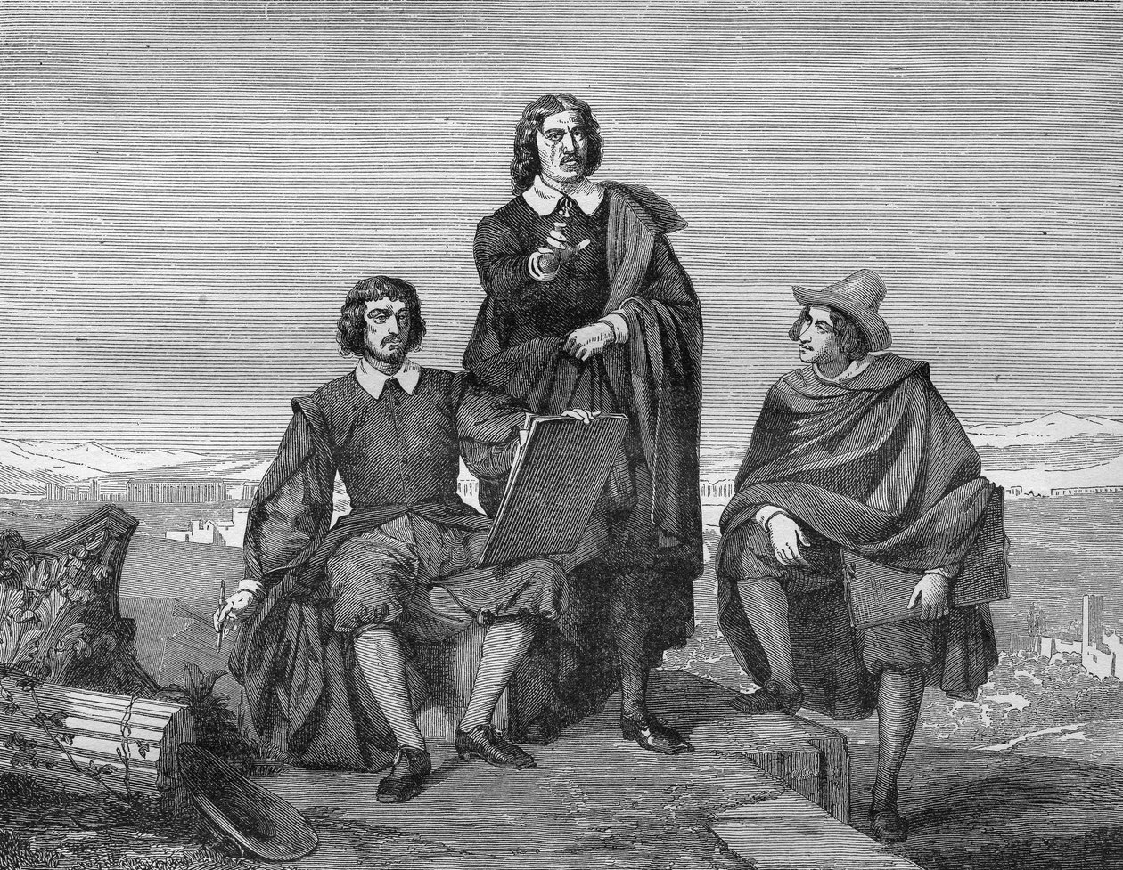 Claude Lorrain, Nicolas Poussin och Gaspard Dughet (Guaspre Poussin) i den romerska regionen. Gravyr av 1800-talet. av Unknown artist
