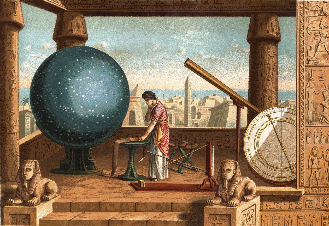 Claude Ptolemaios (ca. 100 - ca. 170), grekisk forskare och astronom, i Alexandria Observatory (Egypten). Barcelona 1877. av Unknown artist