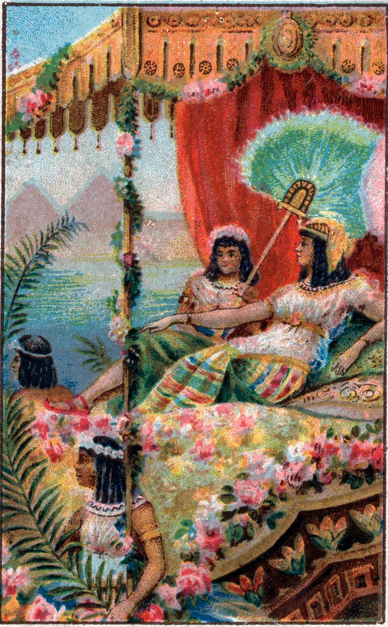 Cleopatre Cleopatre VII Thea Philopator (69-30 f.Kr.), drottning av det antika Egypten, med sina tjänare - Kromolitografi från slutet av 1800-talet av Unknown artist