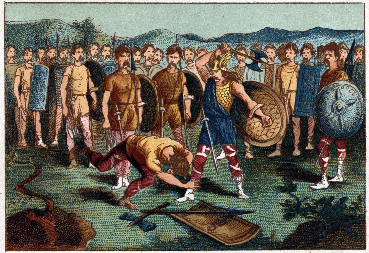 Clovis (465-511) och den frankiske krigaren som slog sönder Soissons vas 486 - Clovis 1:a sköt ner soldaten som hade krossat Soissons vas, 486. Kromolitografi av 1800-talet. av Unknown artist